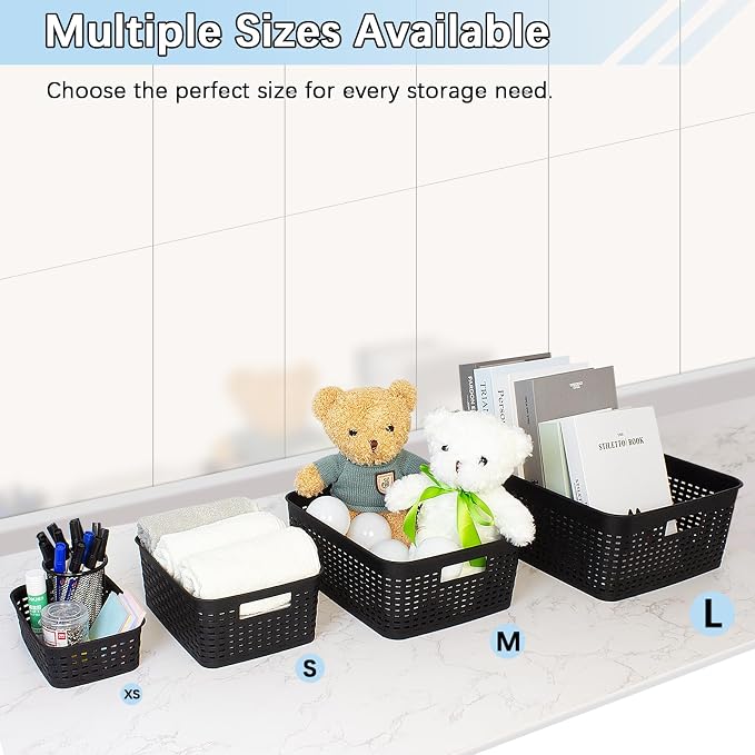 Soddeph Plastic Storage Baskets for Cabinets, Household Pantry Organization with Handle,Organizer Bins for Room,Bathrooms,Under-Sink,Kitchen (Black, S-3PACK)