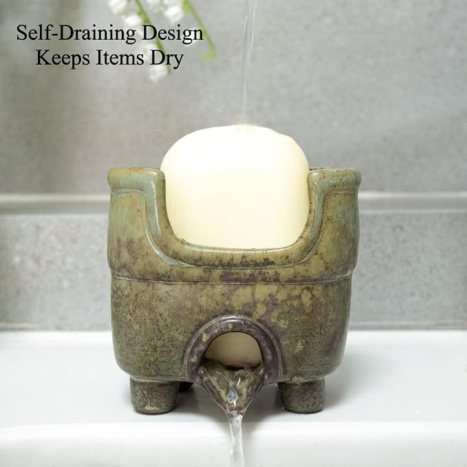 Sponge Holder for Kitchen Sink, Ceramic Sink Caddy Organizer | Self draining sponge Dish for scouring pad, soap, brushes. Rustic farmhouse kitchen sink storage keeps counter dry. Avocado