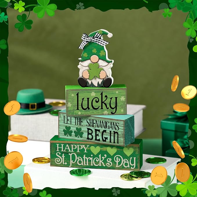 Moucuny 4 Pcs St. Patrick's Day Wood Signs Gnome Tiered Tray Table Decor | Stackable Rustic Blocks with Shamrock Prints, Centerpiece for Tiered Trays, Shelves, Bathroom, Laundry Room