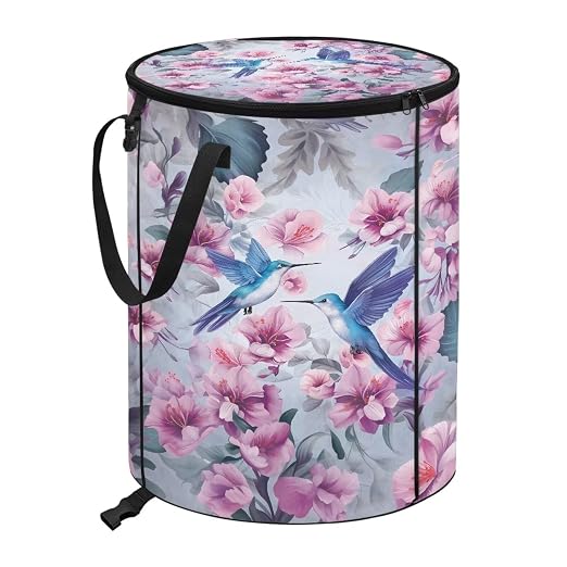 BIGCARJOB Hummingbird Outdoor Trash Can Floral Garbage Bins Outside Pop Up Recycle Garbage Cans Collapsible Trash Can with Zipper Lid and Clip, 22.83x17.71 in