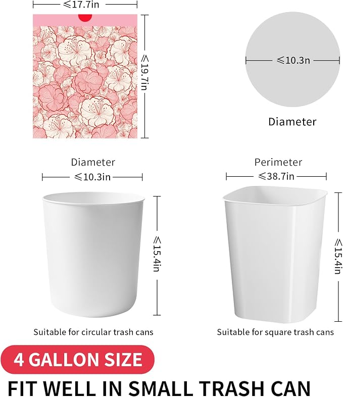 4 Gallon Trash Bags Drawstring, Colorful & Portable Small Trash Bags with Chinese Plum Blossom Printed, Tear-Resistant Garbage Bags 4 Gallon for Bathroom Office Trash Cans, 30 Count