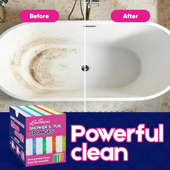 LAUNDRYLUX Magic Sponge Erasers, 8 Pack Dual-Sided Shower & Tub Cleaner | with Temperature-Responsive Scrubber, Melamine Sponges for Bathroom and Shoe Cleaning