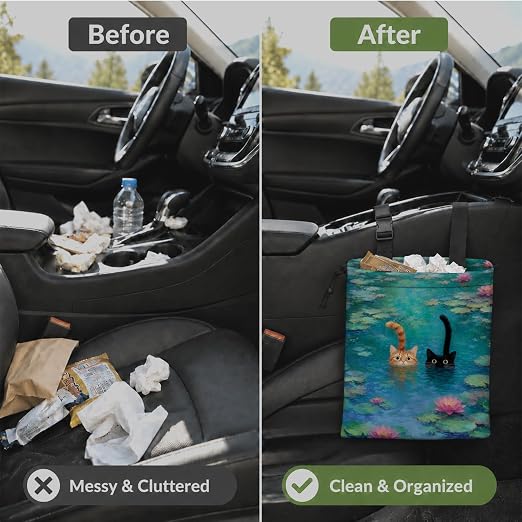Whimsical Lotus Pond Cat Car Garbage Bag Canvas Trash Can | Orange Black Cat Lovers Gifts Drawstring Car Trash Bag Hanging for Back Seat with Adjustable Buckle