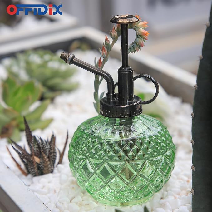 OFFIDIX Plant Mister, Green Glass Fine Mist Spray Bottle for Plants 10 oz | Glass Spray Bottles with Plastic Bronze Top Pump, Vintage 300ML Small Watering Can for Gardening, Cleaning Table Decorative