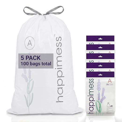 happimess 20-Count Lavender 8 Gal Drawstring Trash Bags, White, Pack of 5 | 30 Liters, Heavy Duty MDPE Plastic, Tear And Puncture Resistant, Tailored Custom Fit, Recyclable, Odor Control
