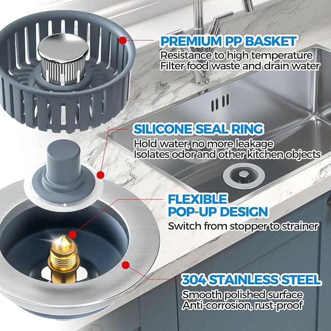 zaa 3 in 1 Kitchen Sink Drain Strainer Stopper Removable Basket Pop-Up | Kitchen Sink Accessories 2 Pack Silver Stainless - Food Catcher, Odor-Blocking Seal, Fits 3.5" Drain, Easy Clean