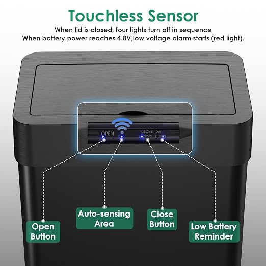 Arlopu Automatic Trash Can, Sensor Motion Stainless Steel Garbage Bin | Touchless Smart Waste Bin, W/Stay-Open, Soft Close Lid, Display Light for Kithchen, Living Room, Office (Black, 21.1gal)