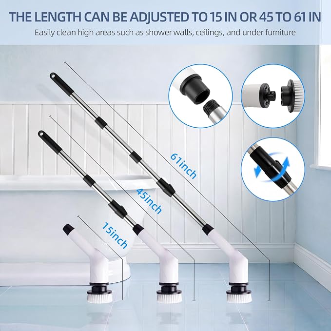 Electric Spin Scrubber Upgraded Cordless Power Cleaning Brush | IPX7 Waterproof, 3 Speed, 180-Minute Battery Life, with 8 Replaceable Heads and Adjustable Extension Handle and LED Display