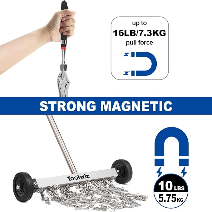 Toolwiz 15" Rolling Magnetic Sweeper with Telescopic Magnetic Pick Up Tool | 10lbs Capacity Sweeper, 16lb Magnetic Pick Up Tool, Lightweight with Wheels, For Nails, Screws & Metal Debris