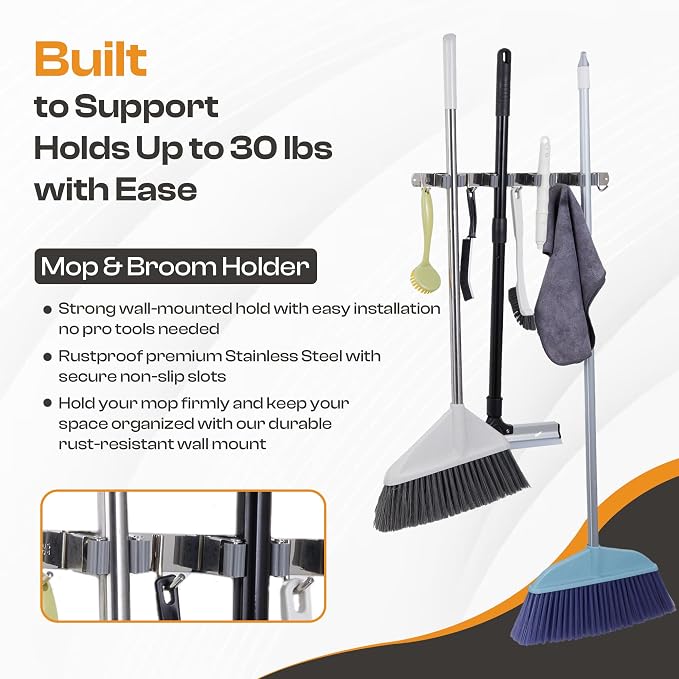 Stainless Steel Broom Holder Wall Mount, 4 Racks & 5 Hooks | Rust-resistant organizer for mops, brooms, tools and garden equipment, adjustable wall storage, silver