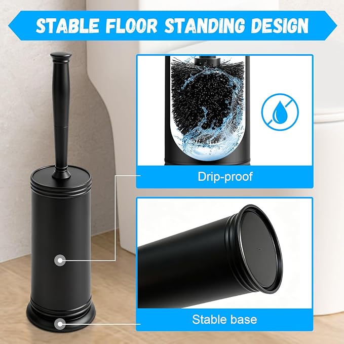 AONEZ Plastic Toilet Brush and Holder Set for Bathroom Cleaning, Black | Extra Long Handle; Splash Guard; Covered Holder; Hard Dense Bristles; Stable Base;