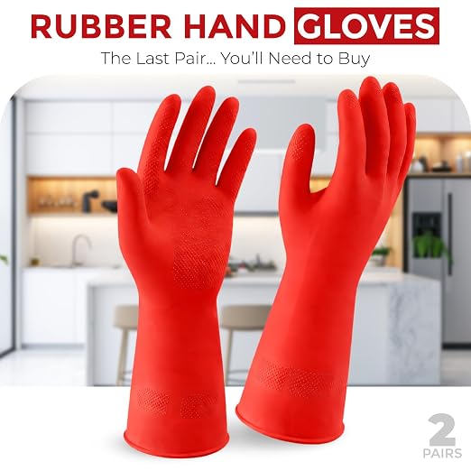 LADWA 2 Pairs Non-Slip Household Cleaning Reusable Dishwashing Gloves for Kitchen Washing Dishes Bathroom Gardening & Home Tasks Flexible Long-lasting & Waterproof Gloves Perfect for Woman Men (Red)