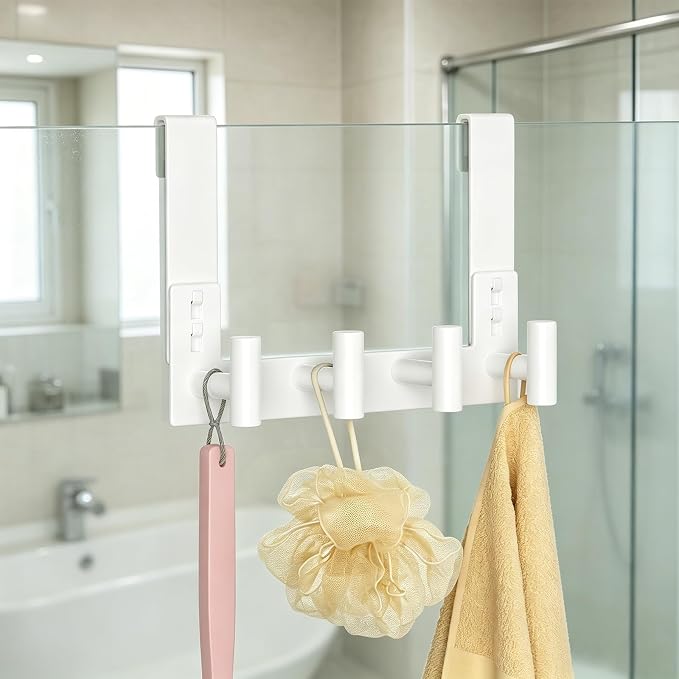 PMMASTO White Extra-Long Shower Door Hanger, 4 T-Hooks, Fits 3/8-Inch Glass | Extra-Long Heavy-Duty Stainless Steel, 4 T-Shaped Hooks, for Bathrobes and Towels on Frameless Glass Shower Doors