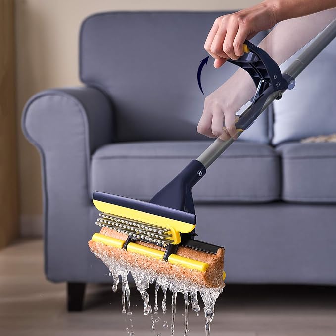 Yocada Sponge Mop Home Commercial Use Tile Floor Bathroom Garage Cleaning Total 2 Sponge Heads NOT 3 Telescopic Handle Squeegee from 42.5 to 52 Inches Easily Dry Wringing only 2 Heads (Pack of 2)
