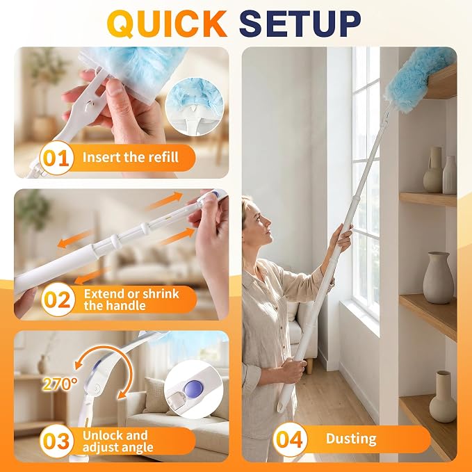 60ct Duster Refills for Swiffer Duster with 3ft Extension Pole & Short Grip | Heavy Duty 360° Disposable Dusters, Multi Surface Dusters for Cleaning Ceiling Fans, Furniture, Blinds & Hard-to-Reach Areas