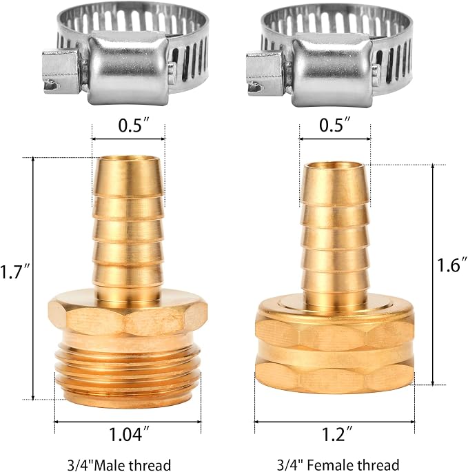 Brass Garden Hose Connector Repair Mender Kit, Fits 1/2" Water Hose Fitting | 2 Set, 1/2" Barb x 3/4" GHT, with Stainless Clamp