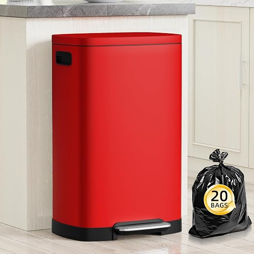 KdbK 13 Gallon Trash Can with Lid, 50L Fingerprint Proof Stainless Steel Kitchen Trash Can with Removable Inner Bucket and Lid Soft Close, Pedal Rubbish Bin for Home Office, Red