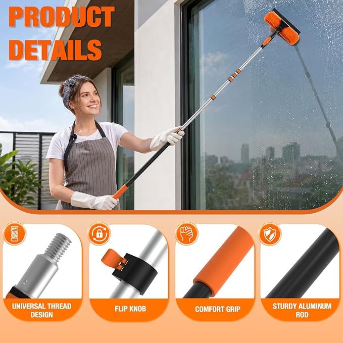 30FT Window Squeegee with Extension Pole, 2-in-1 Squeegee for Window Cleaning, Professional Cleaning Kit for Home with 24FT Telescoping Pole for Outdoor Indoor Use
