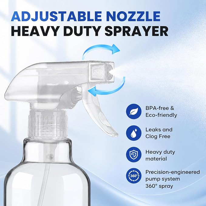 16.9oz Glass Spray Bottles 2 Pack, 360 Any-Angle Spraying | Refillable Spray Bottles with Adjustable Nozzle, Leakproof for Cleaning, Essential Oils, Plants, Hair Care