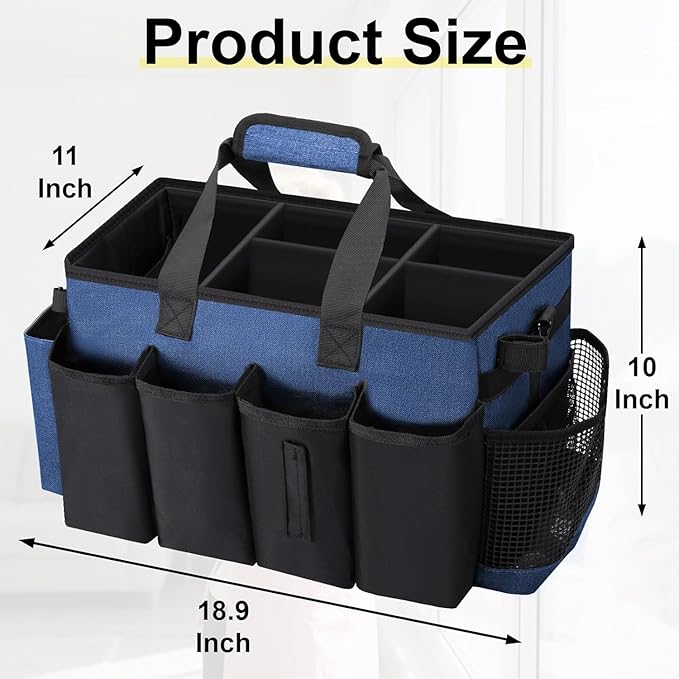 Wearable Large Cleaning Caddy Bag for Housekeepers (Blue) | Cleaning Supplies Organizer with Adjustable Shoulder, Waist & Handle Straps, Detailing Bag for Kitchen Supplies