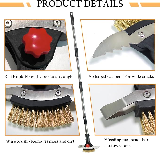 Crevice Weeding Tool Long Handle - Weed Scraper for Patio Pavers | Stainless Steel Weed Brush & Dual Scrapers, Adjustable 30.3"-58.66" Handle, for Driveway Sidewalk Patio Paver Crevice Weeding