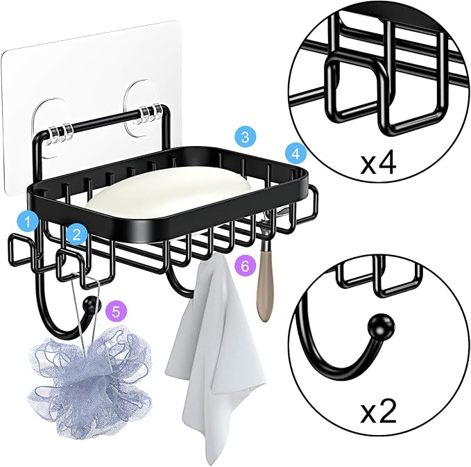 ODesign Bar Ssoap Holder for Shower Stainless Steel with 6 Hooks-Black | Loofah, sponge, and razor holder, adhesive wall-mounted, no drilling, removable for cleaning, for kitchens and bathrooms