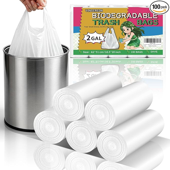 2 Gallon Small Trash-Bag Bathroom - White With Handles Biodegradable Mini Garbage Bags 100 Count Unscented Little Wastebasket Liners For Car Office Kitchen Strong Thick Bulk