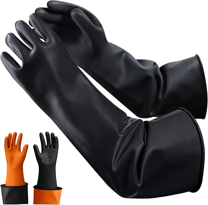 22"Black Anti-Slip Chemical Resistant Rubber Gloves, Long Heavy Duty Glove, Industrial Safety Work Protective Gloves for Men, Forearm Protection Waterproof Resist Strong Acid, Alkali, Oil, XL Size