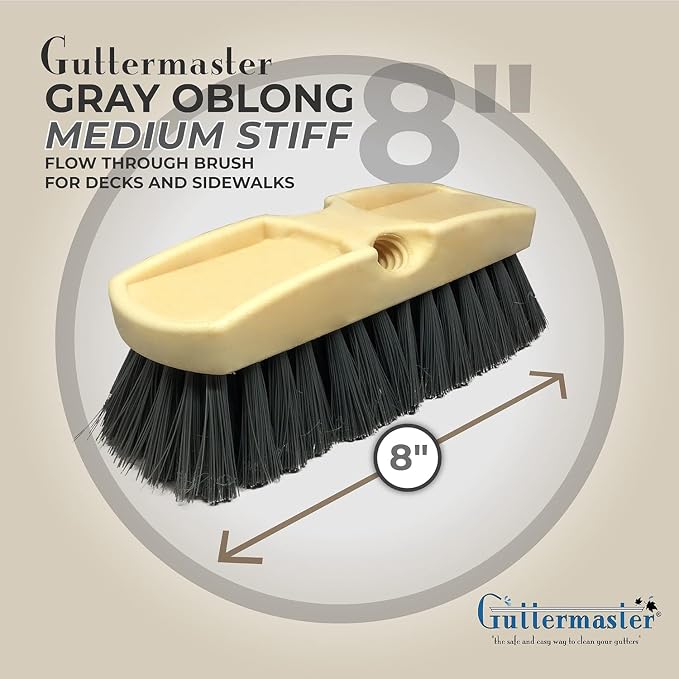 Guttermaster Grey Flow Through Essential Flagged-End Brush Head, 8-Inch | GM-214P-8 Oblong medium stiff bristle brush for floor, desk scrub, compatible with pole handle