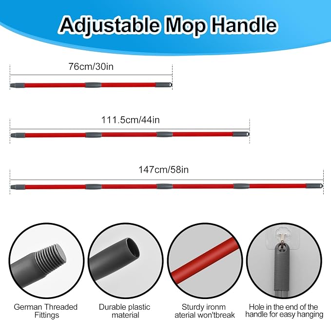 Spin Mop Handle Replacement for Ocedar, Mop Heads Replacements Compatible with RinseClean 2 Tank System,Include 2 Microfiber Mop Replace Heads,4 Section 30-58" Iron Mop Handle,1 Base and 1 Scrub Brush