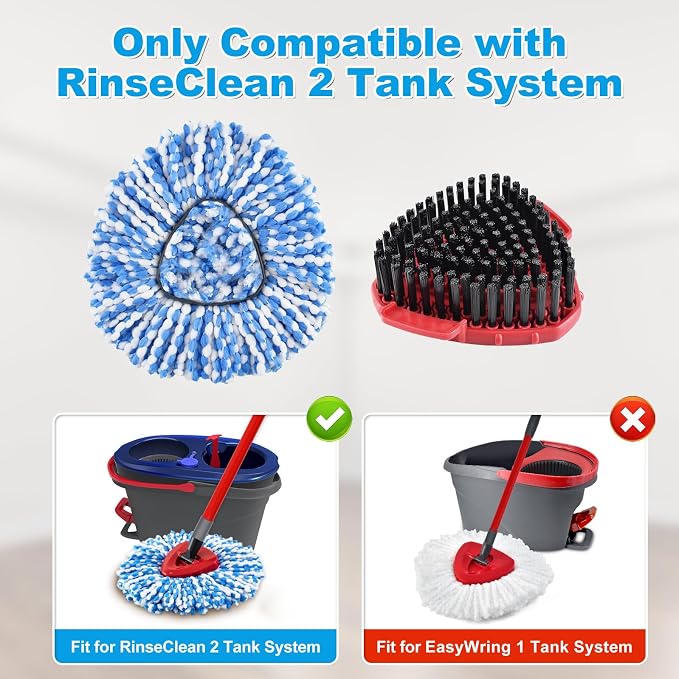 Mop Heads Replacement Scrub Brush and Base Spin Mop Handle Compatible with Ocedar RinseClean 2 Tank System Include 2 Mops Replace Head 1 Upgrade Brush 1 Base & 30-58" Adjustable Mop Stick (NO Bucket)