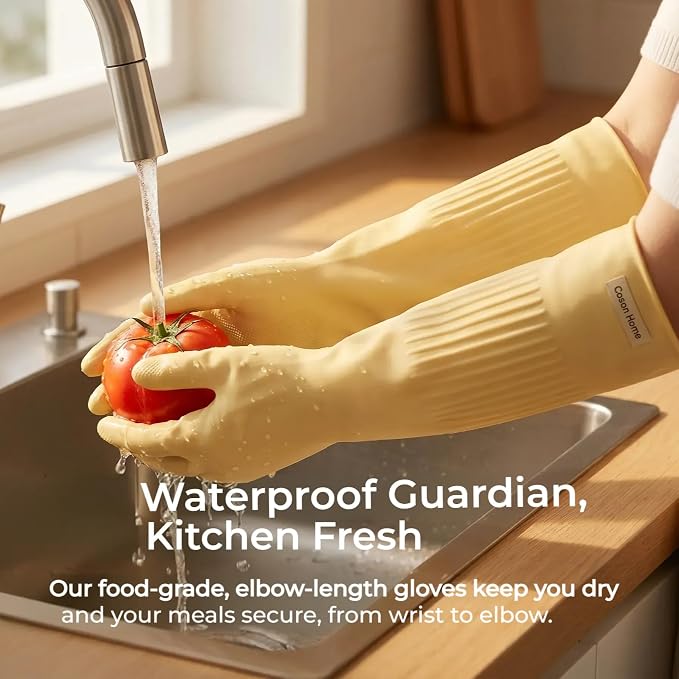 Long Rubber Cleaning Gloves for Household Dishwashing Full Arm Protecting | Reusable; Waterproof; Elbow Length 17.8 Inches; Kitchen Household Multi Cleaning; Palm Part Non-Slip Bump Design; Heavy Duty