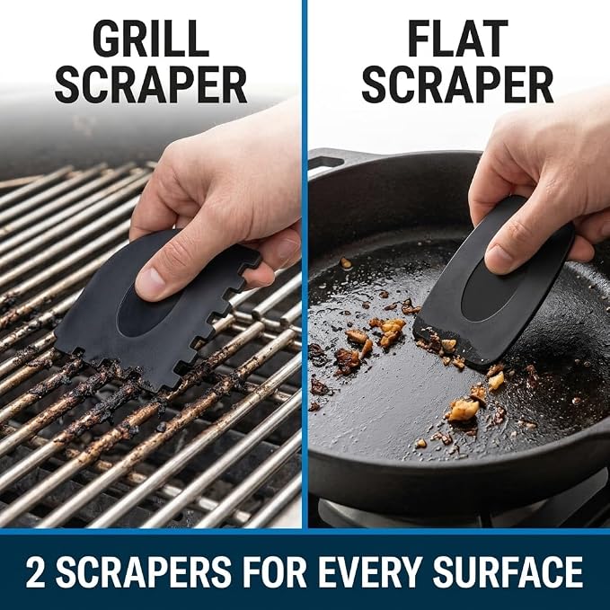 Steel Wool Scrubber with Handle & 5 Refills, 8-Piece Cast Iron Scrubber Kit with 2 Pan Scrapers, Heavy Duty Stainless Steel Scrubber for Kitchen Sink, Grill, Griddle, and Pots