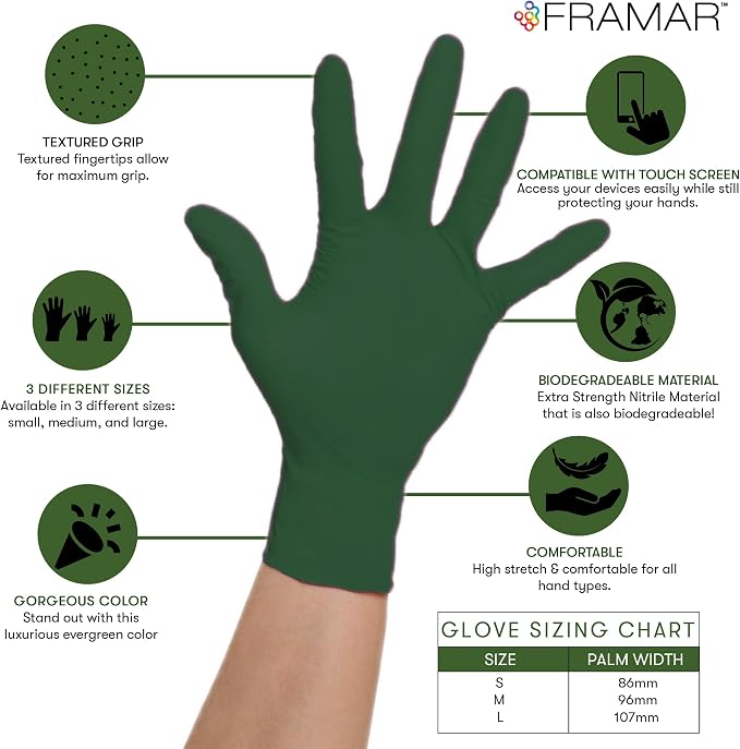 FRAMAR Biodegradable Green Gloves Latex Free Large, Disposable Nitrile | Gloves Large, Cleaning Rubber Glove Disposable, Non Latex Hair Dye Glove 100 Pk