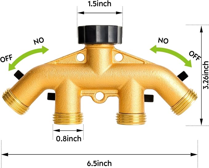 Brass 4 Way Faucet Splitter, 4 Port Manifold, 4-Way Garden Hose Splitter, 3/4" Heavy-Duty Spigot Adapter with Individual Shutoff Valves, Solid Brass Manifold, Leak-Resistant