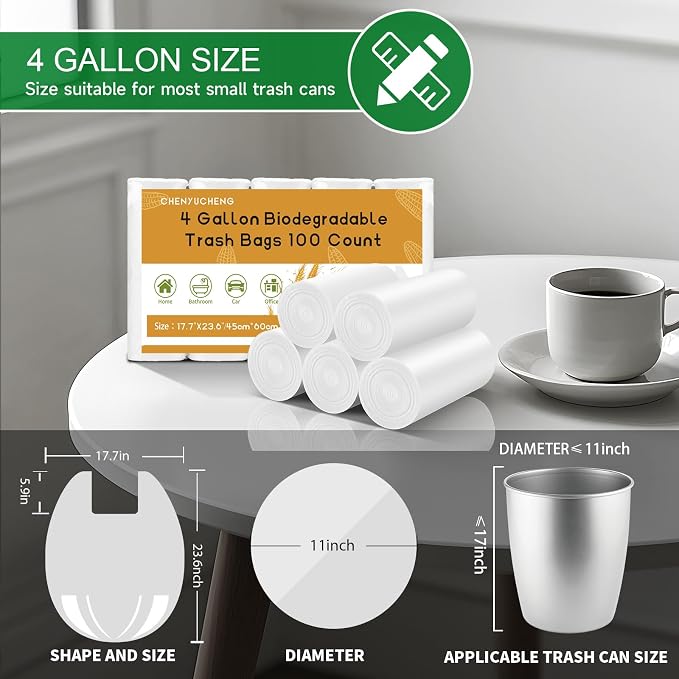 4 Gallon Biodegradable Trash Bags With-Handles - White 4 Gal Small Garbage Bags For Bathroom Can 100 Count 15 Liter Compostable Mini Waste Basket Liners Kitchen Office Car Strong Chenyucheng