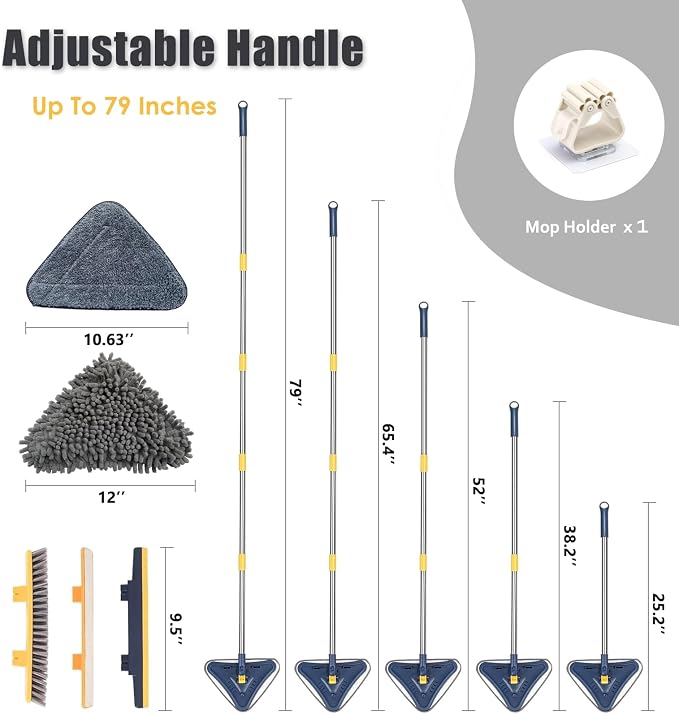 5-in-1 Wall Cleaner Mop with 79'' Long Handle, Triangle Head Wall Scrubber | Cleaning Dust Mop with 6 Pads, Squeegee, Scrubber, Wall Washer Tool for Painted Wall, Ceiling, Baseboard, Window, Floor