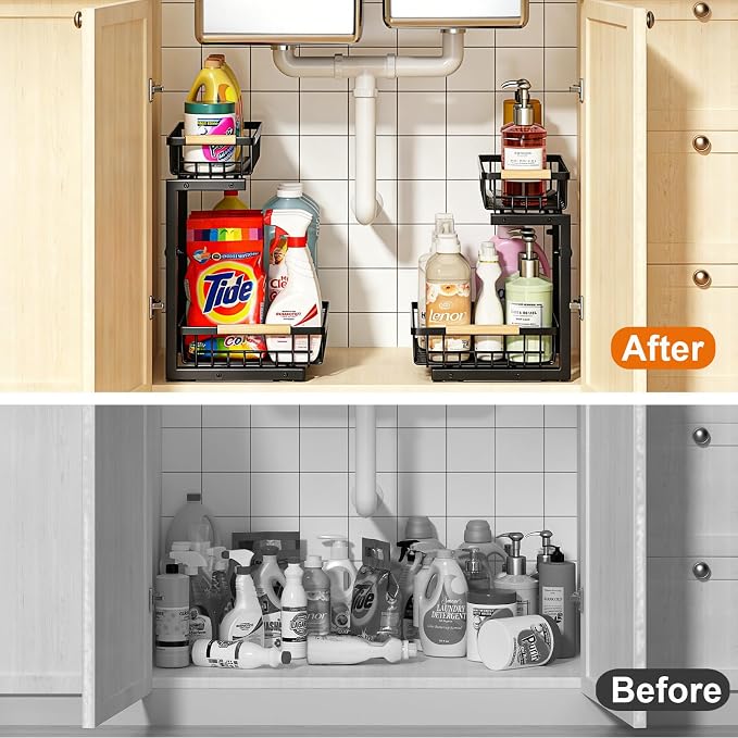 REALINN Under Sink Organizer, Adjustable 2 Tier Pull Out Kitchen Bathroom | cabinet organizer, 5 level adjustable, quiet sliding rails, dual suction and nano tape, no drill, rust resistant holds 50 lbs