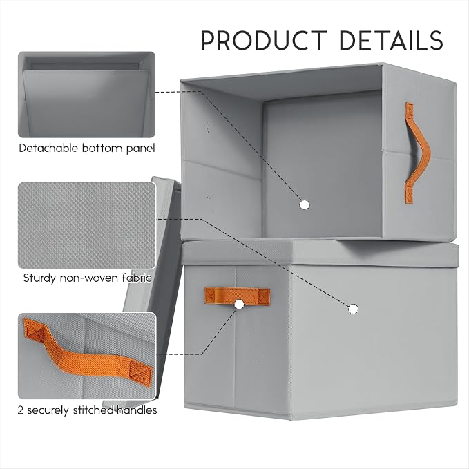 Storage Bins with Lids - Fabric Storage Baskets for Shelves, 8 Pack Foldable Decorative Boxes with Handles, Stackable Organizer Bins for Home, Nursery, Dorm, Grey