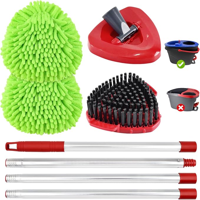 Chenille Mop Heads Scrubber Brush & Base Mop Replace Handle for O-Cedar RinseClean 2 Tank Spin Mop System Set Include 2 Chenille Mop Pads 1 Brush 1 Base and Stainless Steel Mop Handle (NO Bucket)