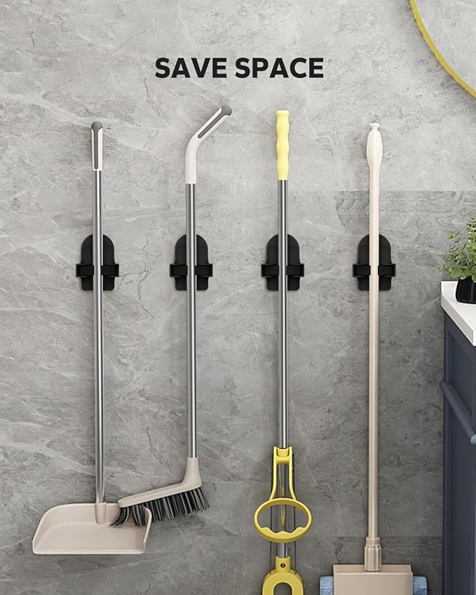 Broom Holder Wall Mount (Black 4 Count), Broom Holder, Broom and Mop Organizer Wall Hanging, Mop and Broom Holder Wall Mount, Broom Organizer Wall Mount for Home, Kitchen, Garage Storage