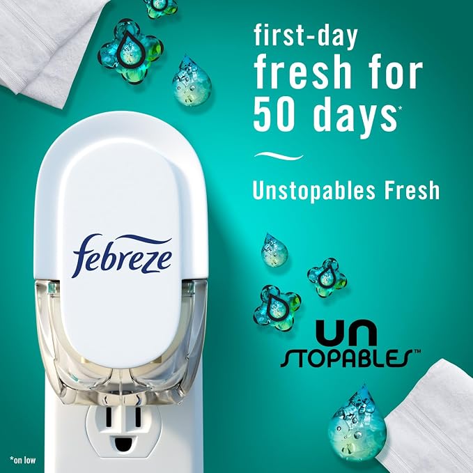 Febreze Plug In Air Freshener, Odor-Fighting Scented Oil Starter Kit, Air Fresheners for Home and Bathroom and Kitchen, Long Lasting for Strong Odors, UnStopables Fresh Scent, Warmer + 2 Refill