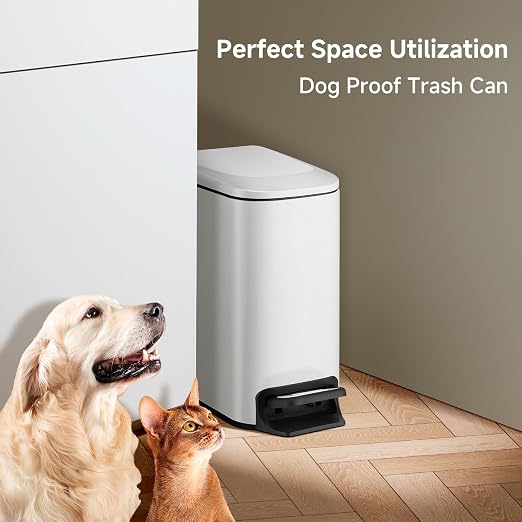 TIPGO Small Bathroom Trash Can with Lid, 1.6 Gal, Soft Close, White | Stainless Steel, 5.9'' Slim for Narrow Space, Foot Pedal, Soft Quiet Lid, Anti-fingerprint, Removable Inner Bucket, Odor Seal