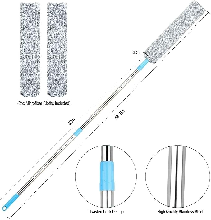 Retractable Gap Dust Cleaner Under Appliance Microfiber Duster Dust Brush with Extension Pole (36 to 49 inches) Cleaning Duster for Bed High Ceilings Furniture Bottom Household Gap Duster Gray