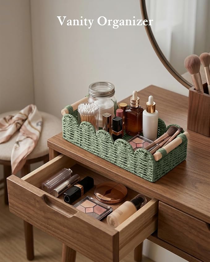 Toilet Paper Storage Basket for Toilet Tank, Bathroom Organizer | Scalloped Decorative Basket for Bathroom Home Decor, Woven Basket for Shelves, Living Room, Countertop, Paper Rope, Green
