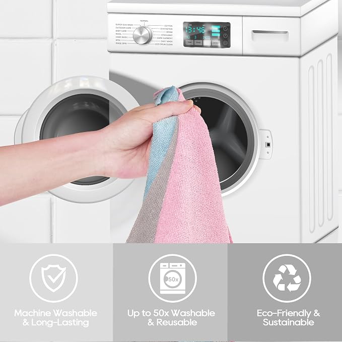 Microfiber Cleaning Cloth Roll 90 Pack, 12"×12", Reusable, Pink & Grey | Tear Away, Highly Absorbent, Lint Free, Reusable & Washable for Kitchen, Window, Car, Shop