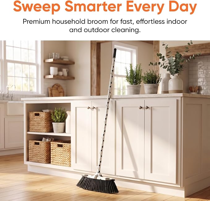 Superio Design Broom, Fancy Black and White Angle Broom, Cute Splash Design Kitchen Broom with Safety Bumper, 48" Indoor and Outdoor Sweeping Tool 2-Pack