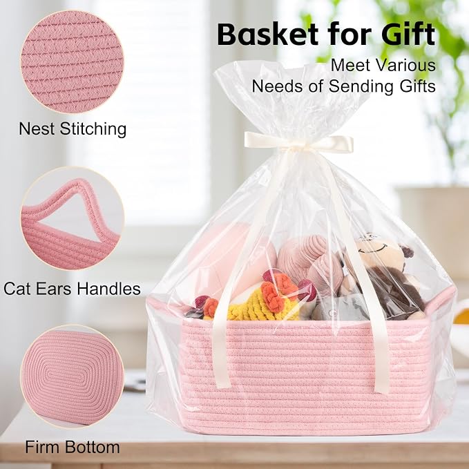 OIAHOMY Woven Basket, Gift Basket Empty with Gift Bags and Ribbons, Rope Baskets for Baby Showers, Storage Baskets with Handles for Nursery, Pet Toy Organizer - Pink