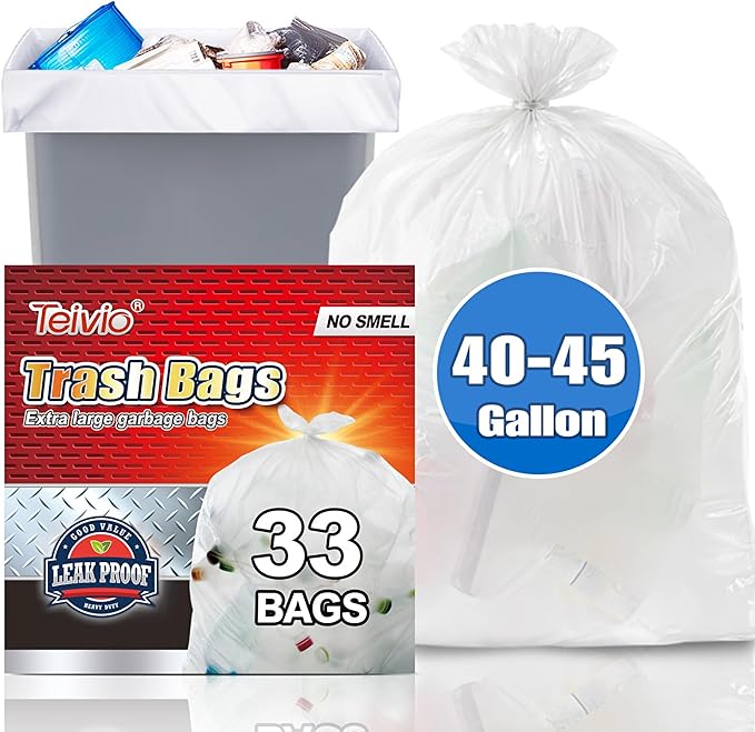Teivio Large Clear Trash Bags 40-45 Gallon 20 Count 40+ Gal Garbage Bags | Fit 35,39,40,42,45Gal,Extra Lawn And Leaf Bags Outdoor Yard Workshops Plastic Bins Can Liners for Office Car Commercial Waste