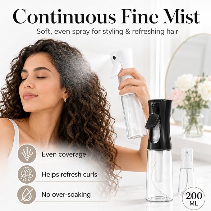 3 Pack Spray Bottles, Continuous Mist Sprayer, Water Spray Bottle for Hair, Hair Mister, 200ml x2 + 30ml Refillable Fine Mist Set - for Styling, Plants, Cleaning & Home Use (Black & White)